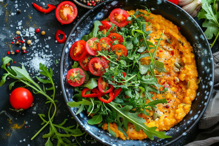 Risotto with arugula, tomatoes and cheese in a pan on a black backgroundの素材