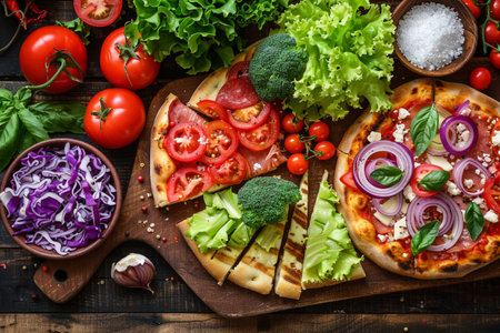 Vegetarian pizza with tomatoes, cucumbers, mozzarella and red onion on wooden backgroundの素材
