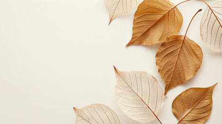 Autumn leaves on white background. Minimal autumn concept. Flat lay, top view.の素材