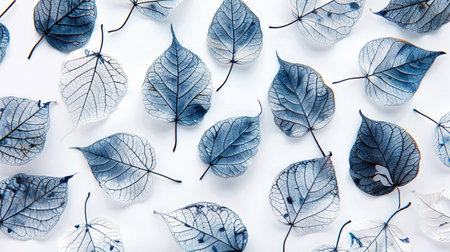Blue leaves pattern on white background. Flat lay, top view.の素材