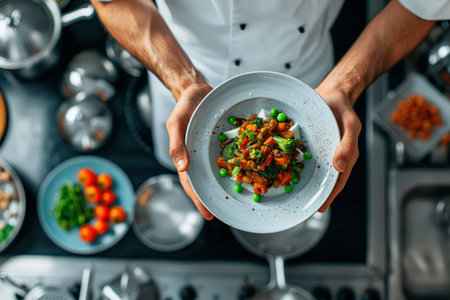 cropped view of chef holding plate with vegetable salad in restaurant kitchenの素材