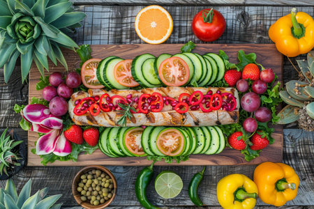 sandwiches on a wooden board with vegetables and fruits, top viewの素材