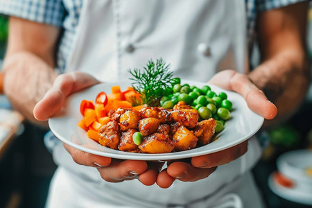 Hands of a professional chef in a white uniform holding a plate of fried chicken with vegetablesの素材
