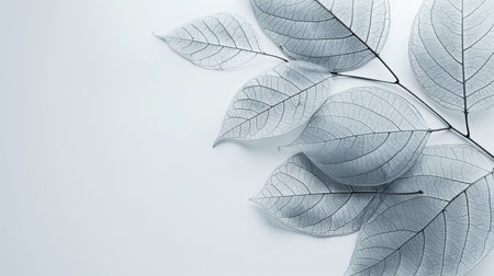 Silver leaves on white background with copy space, flat lay, top viewの素材