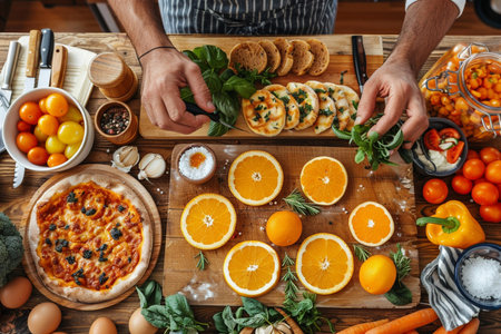 Top view of male hands cutting pizza on wooden table with ingredients.の素材