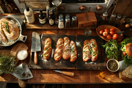 Top view of fresh baguette with herbs and spices on wooden tableの素材