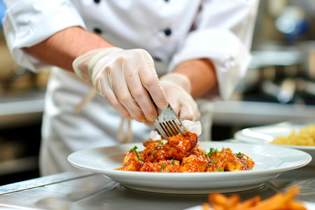 Chef in hotel kitchen preparing and decorating food, delicious dishの素材