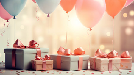 Gift boxes with ribbons and bows on bokeh backgroundの素材