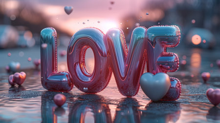 Valentine's day background with hearts and the word love. 3d renderingの素材