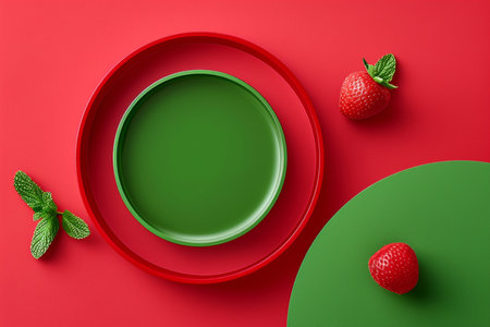 Red and green plates with mint leaves and strawberries on a red backgroundの素材