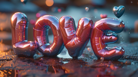 Valentine's day concept. Love word made of red foil balloons. 3D Renderingの素材