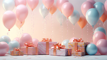 Gift boxes and balloons on pastel background. 3d renderingの素材