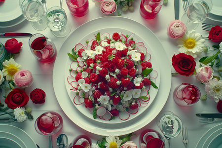 Wedding table decorated with fresh strawberries and flowers. Selective focus.の素材