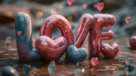 3d illustration of Valentine's day background with hearts and text loveの素材