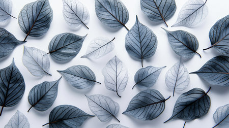 top view of grey leaves on white background, flat lay, patternの素材
