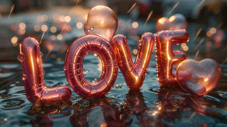Red heart-shaped balloon in the form of the word love on a dark backgroundの素材