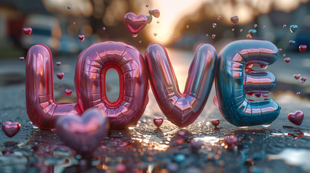3d illustration of Valentine's Day background with heart shaped balloons and the word loveの素材