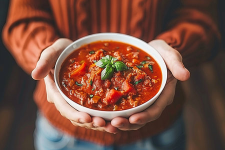 close up of woman holding bowl with goulash on blurred backgroundの素材