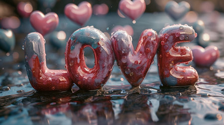 Valentine's Day background with heart-shaped balloons and water dropsの素材