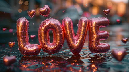 Valentine's Day background with red heart-shaped balloons. Love concept.の素材