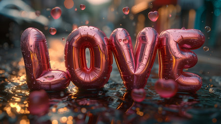 Valentine's Day background with red heart shaped balloons and water dropsの素材