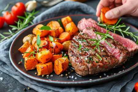 Steak with baked sweet potato and rosemary on a plate.の素材