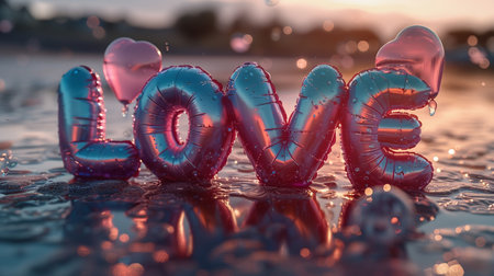 \Inscription \"\"love\"\" with heart-shaped balloons on the background of the sunset\""の素材