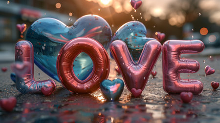 Valentine's day background with heart shaped balloons, 3d renderの素材