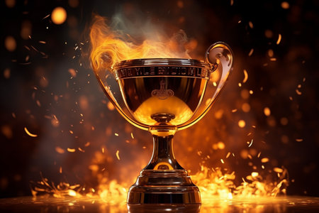 Golden trophy cup with fire flames on dark background. Award concept.の素材