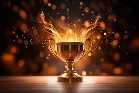 Golden trophy cup with fire and bokeh background. 3d renderingの素材