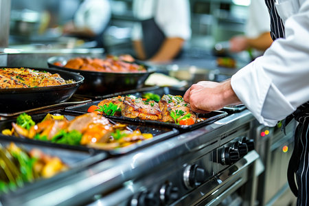 Chef preparing food in a commercial kitchen, restaurant or hotel.の素材