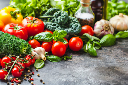 Variety of fresh organic vegetables and spices. Healthy food background.の素材