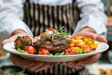 Hands of chef holding a plate with grilled meat and vegetables.の素材