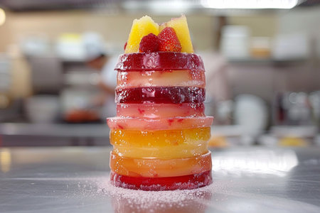 Fruit salad on the table in the kitchen of the restaurant.の素材