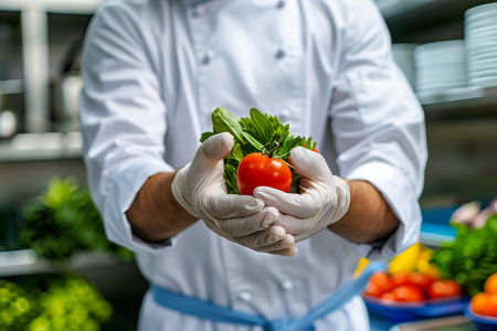 Chef holding fresh vegetables in his hands in a restaurant kitchen.の素材