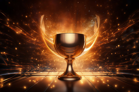 golden cup with fire and bokeh background, 3d illustrationの素材