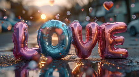 Valentine's Day. The word love is written in pink and blue balloons on the city street.の素材