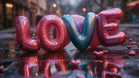 Colorful heart shaped balloons on a rainy day. Love concept.の素材