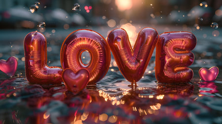 Red heart balloons with the word love on a bokeh backgroundの素材