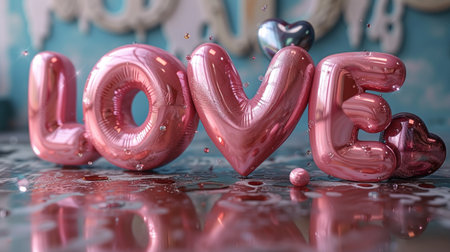 Valentine's day greeting card. Word LOVE made of pink inflatable balloons on blue background.の素材