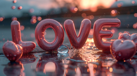 Valentine's day background with red hearts and drops of waterの素材