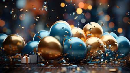 3d rendering of golden and blue balloons and gift box on bokeh backgroundの素材