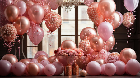Decorated pink balloons on the background of the window in the roomの素材