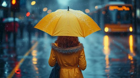 Back view of young woman in raincoat with yellow umbrella on rainy dayの素材