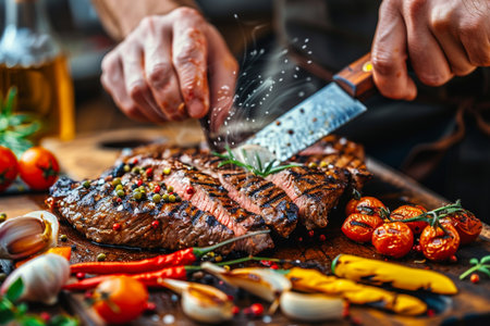 Close-up of a chef's hands cutting a steak with a knife.の素材