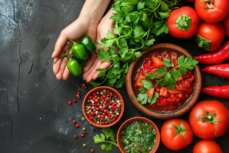 Female hands with bowl of tasty salsa and ingredients on black table, top viewの素材