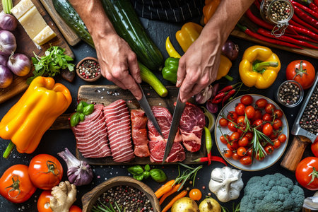 Male hands cutting meat on kitchen table with fresh vegetables, top viewの素材