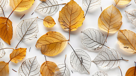 Autumn leaves on white background, top view. Fall season conceptの素材