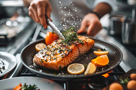Close-up of chef's hands cooking salmon fillet in frying panの素材