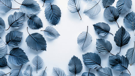 Autumn composition. Frame made of blue leaves on white background. Flat lay, top view, copy spaceの素材